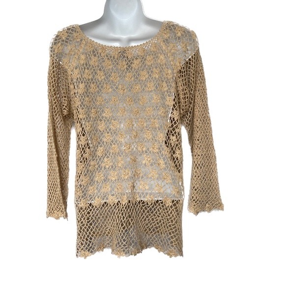 Style Crochet Top 3/4 Sleeves Ecru Beige Size Small See Through Countrycore - Picture 2 of 6